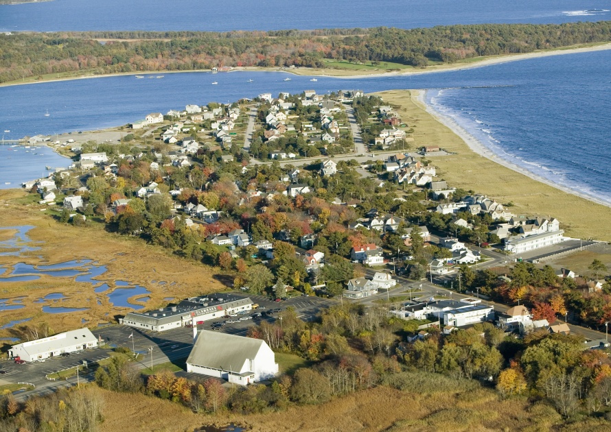 Aerial view of Pine Point Beach located in Scarborough, Maine, outside of Portland.