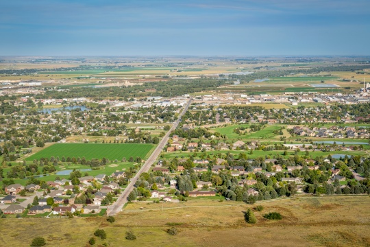 town of Scottsbluff and North Platte RIver in Nebraska, earial view from a summit of Scotts Bluff National Monument