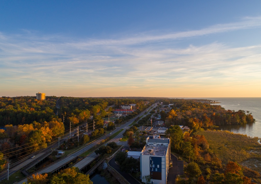 Aerial view of Daphne, Alabama and Mobile Bay at sunset