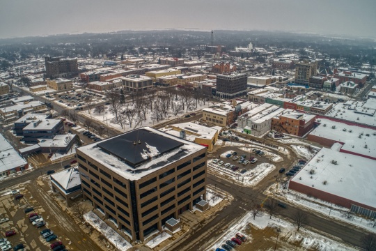 Aerial View of Downtown Mason City, Iowa on a dreary Winter Day