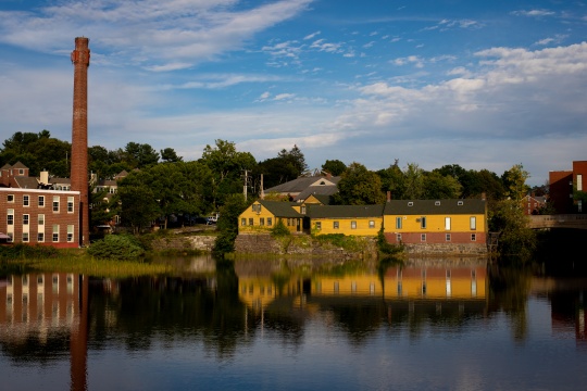 A view of buildings along the Squamscott River in Exeter, New Hampshire, USA