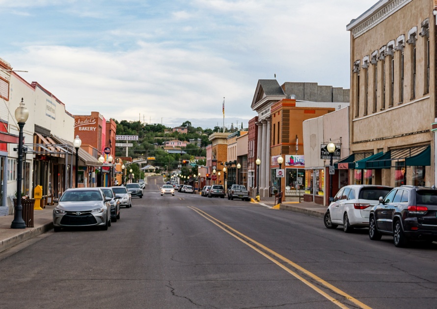 Silver City, New Mexico USA - July 29, 2019: Bullard Street in downtown Silver City, looking south, a southwestern mining town with shops, stores and restaurants.