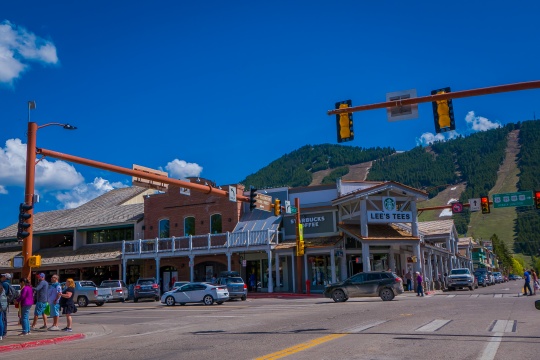 LIVINGSTON, MONTANA, USA - MAY 24, 2018: Historic centre of Livingston near Yellowstone National Park. Even in the summer time there is snow at the hill behind the city