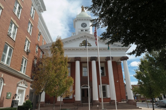 Chambersburg, PA, USA - September 14, 2014: The Franklin County Courthouse, built in 1865, replaced the one burnt by Confederate forces Civil War.