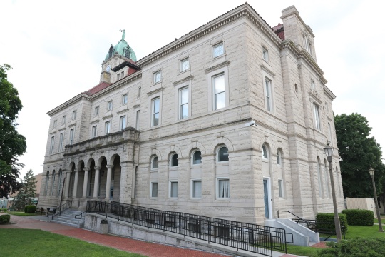 Rockingham County Courthouse in Harrisonburg, Virginia was built in 1894 features Richardsonian Romanesque and Romanesque Revival architectural styles.