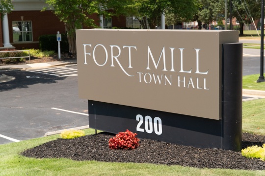 FORT MILL, SOUTH CAROLINA/UNITED STATES - 25 MAY 2019: Fort Mill town hall sign in downtown Fort Mill, South Carolina.