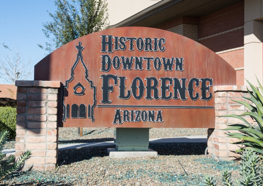 Florence, Arizona - Apr 2nd, 2016 - Historic Downtown sign in Florence. Welcome sign. Old Western Town in Arizona