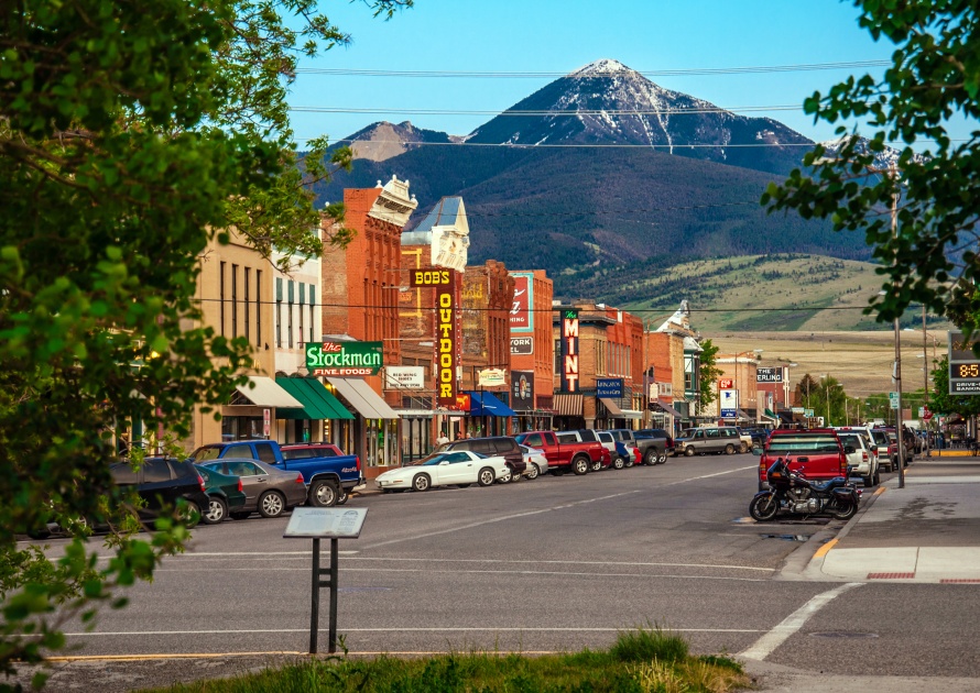 LIVINGSTON, MONTANA, USA - MAY 25, 2013 : Historic centre of Livingston near Yellowstone National Park. Even in the summer time there is snow at the hill behind the city