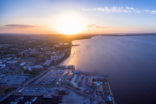 Aerial view of Lake Monroe in Sanford Florida. Photograph taken on a beautiful sunset.