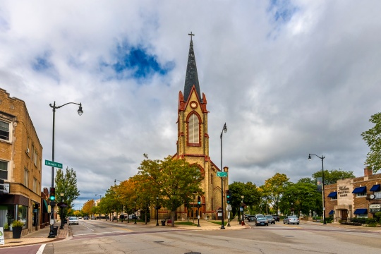 Skokie, USA - September 03, 2019 : Street view in Skokie Town of Illinois