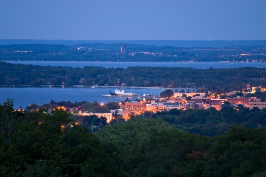 nighttime cityscape of Traverse City, Michigan