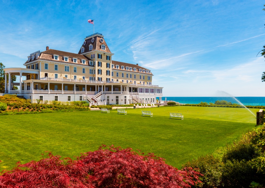 Westerly, RI, USA - May 29, 2014: The Ocean House in Westerly, Rhode Island, USA. It is a large, Victorian-style luxury waterfront hotel, originally built in 1868.
