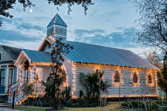 Vintage Church and Home Side by Side in Opelousas Louisiana at Christmas Time