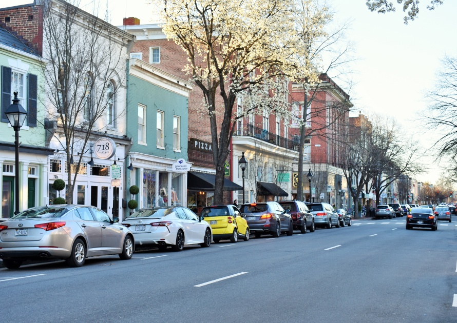 Fredericksburg, Virginia, USA - March 23, 2019: Street in old town Fredericksburg, a historic pre-civil war town in Virginia