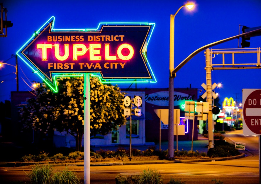 Tupelo Sign At Night in Mississippi