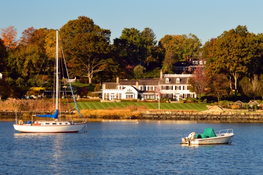 Greenwich, CT, USA October 27, A waterfront estate sits on the shores of Indian Harbor in Greenwich, Connecticut. the town is one of the wealthiest in the United States