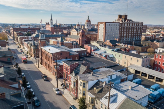 Aerial of Downtown York, Pennsylvania next to the Historic District in Royal Squar