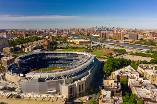 THE BRONX, NY, USA - JUNE 22, 2019: Drone photo of Yankee Stadium New York Bronx