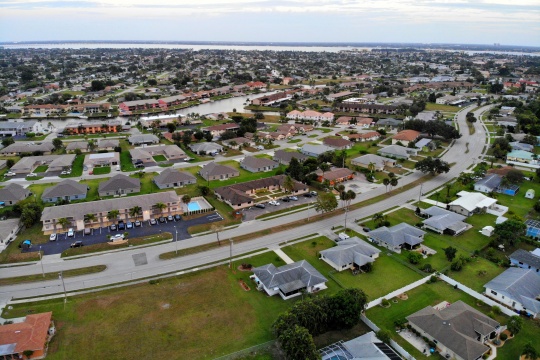 Cape Coral, Florida, U.S.A - December 3, 2018 - The aerial view of the residential homes during the day