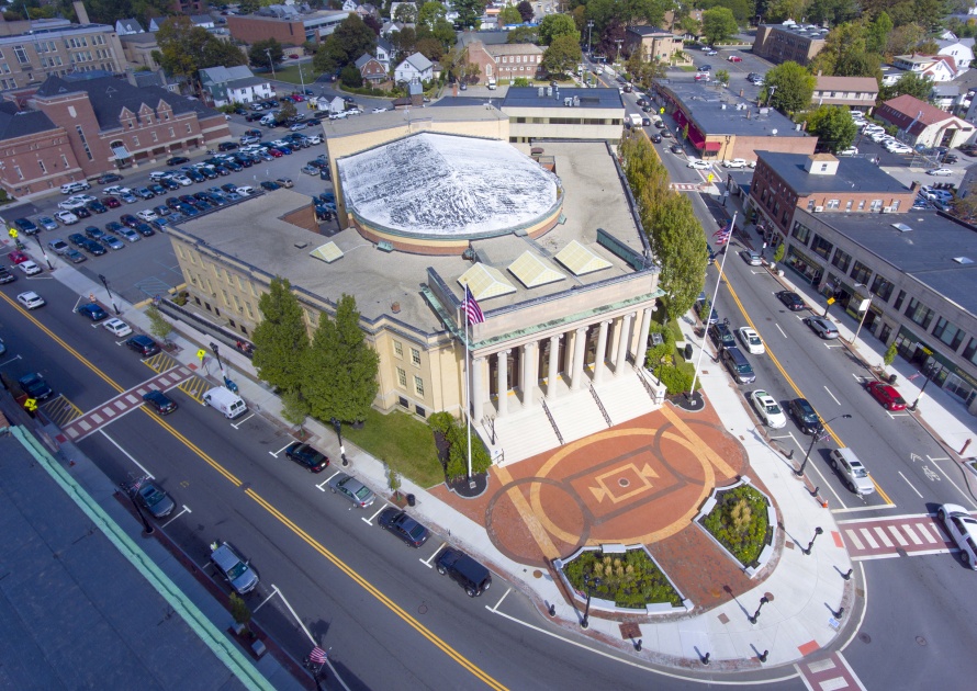 Aerial view of City Hall of Framingham, Massachusetts, USA. Alarm, drone.