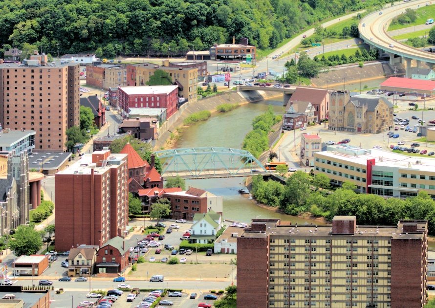 Johnstown, Pennsylvania / USA - May 22, 2019: A view of downtown Johnstown as seen from the Inclined Plane. This is the area that flooded during the Great Johnstown Flood