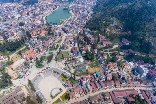 View from above of the city Sapa in north west Vietnam. The city and the countryside is populated with many ethnic groups and receive a lot of tourists.