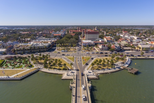 St. Augustine city aerial view including Plaza de la Constitucion, Cathedral Basilica of St. Augustine and Governor House, St. Augustine, Florida, USA.