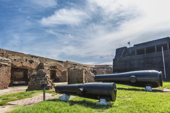 Fort Sumter - Charleston, South Carolina - August 23, 2017: Cannons used in the Civil War are on display at Fort Sumter site in Charleston, South Carolina, USA