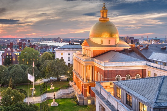 Boston, Massachusetts, USA cityscape with the State House at dusk