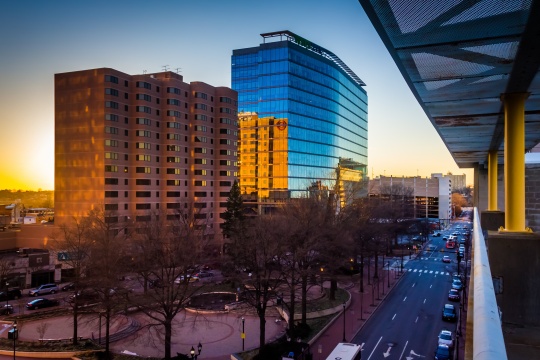 View of the 11th Street buildings at dusk in downtown Wilmington, Delaware, from the City Center Parking Garage.