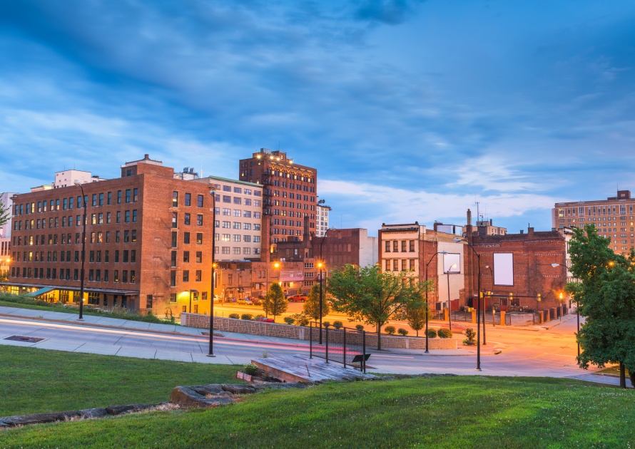 Youngstown, Ohio, USA downtown road and townscape at twilight.