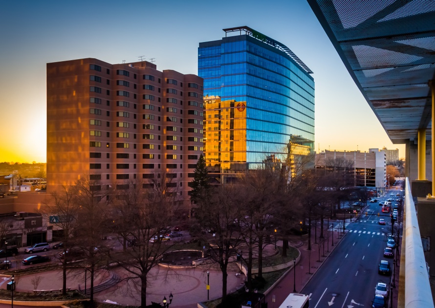 View of the 11th Street buildings at dusk in downtown Wilmington, Delaware, from the City Center Parking Garage.