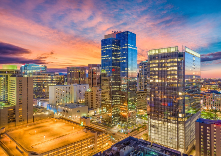 Phoenix, Arizona, downtown cityscape at sunset.