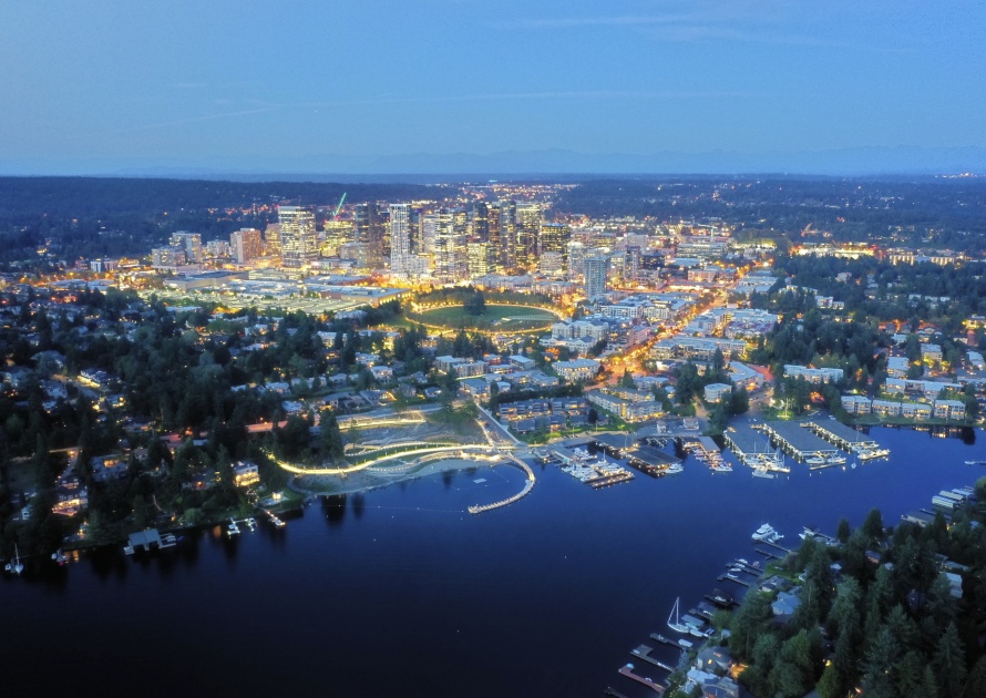 Drone shot of the city of Bellevue from above. Blue, destination.