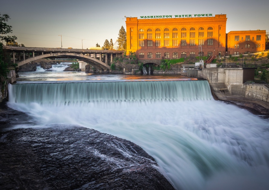 Falls and the Washington Water Power building along the Spokane. Urban, rock.