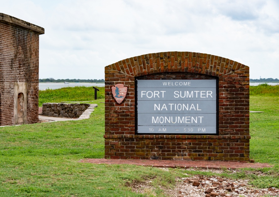 CHARLESTON, S.C./U.S.A. - JULY 27, 2018: A photo of the Fort Sumter National Monument sign. The historic site was where the first shot of the Civil War was fired.