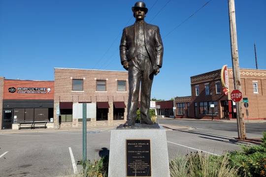 Overland Park, Kansas / USA - August 20 2020: Statue of WILLIAM B. STRANG, JR., FOUNDER OF OVERLAND PARK