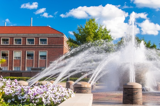 View of the fountain in the campus of Purdue University, West Lafayette, Indiana, in summer