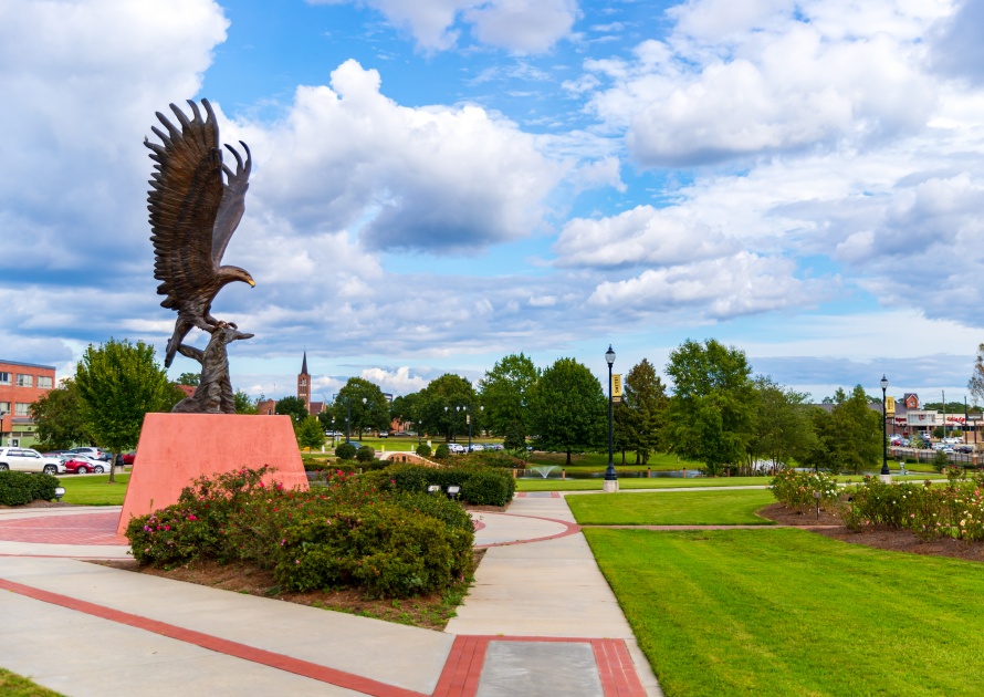 Hattiesburg, MS / USA - September 17, 2020: Golden Eagle Statue on the campus of University of Southern Mississippi