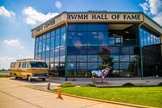 Elkhart, IN, USA - July 1, 2018: A welcoming sign on top of a building at the entry point of RV/MH Hall of Fame Museum