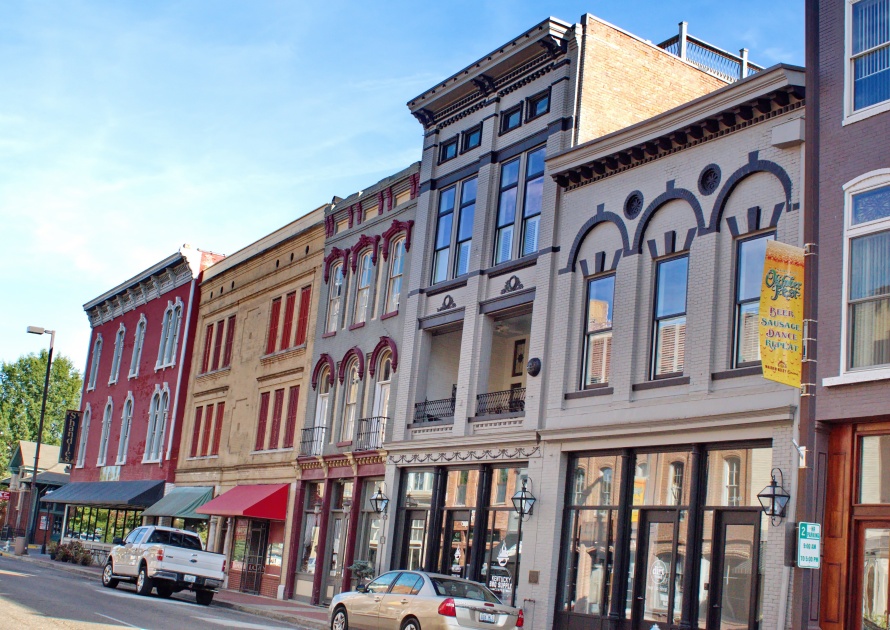 PADUCAH, KENTUCKY, USA - CIRCA OCTOBER 2018: Row of colorful, historic buildings on the main street in the downtown area