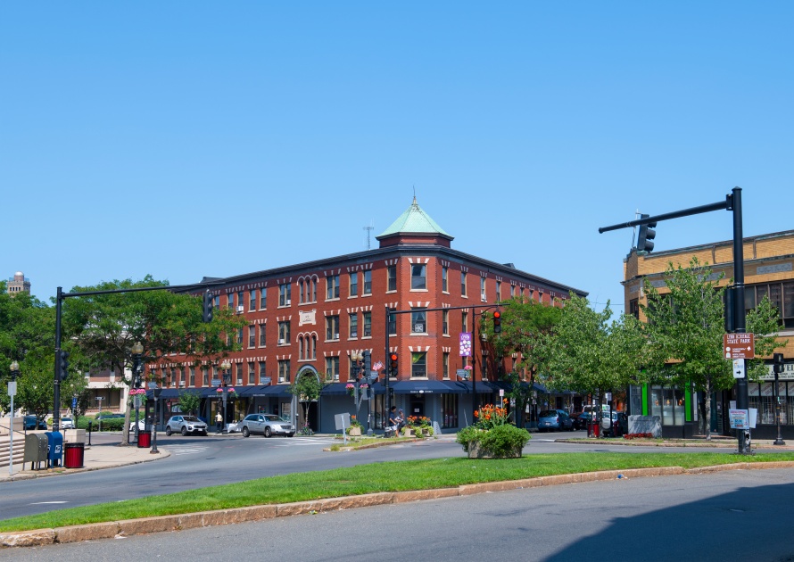 LYNN, MA, USA - AUG. 2, 2019: Historic commercial buildings at Essex Street and Central Street in historic downtown Lynn, Massachusetts MA, USA.