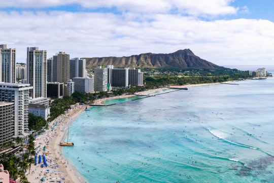 Honolulu is a popular tourist destination in Hawaii. Panoramic view from Waikiki Beach to Diamond Head.