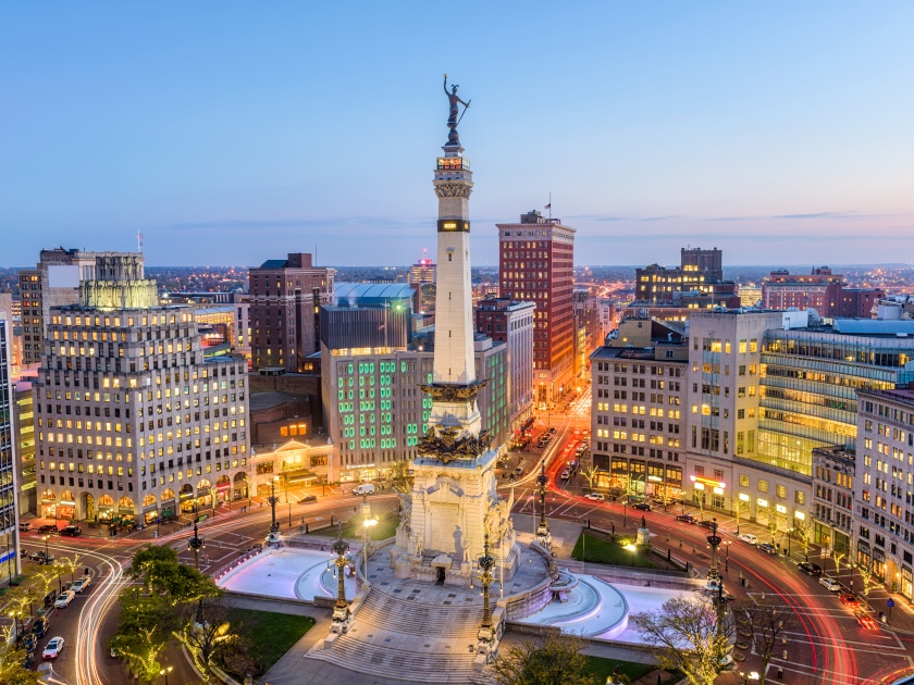 Indianapolis, Indiana, USA soar over Monument Circle.