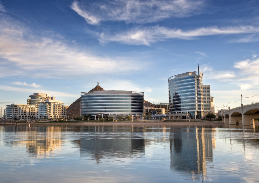 Lake Tempe Town with downtown Tempe in the background. Close to Arizona State University and the Mill Avenue district.