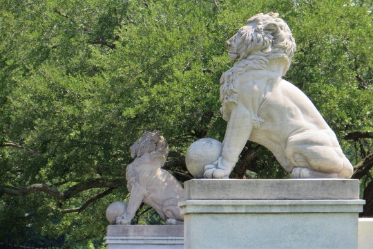 Detail of lion statue on pedestal on bridge over James River in Newport News, Virginia