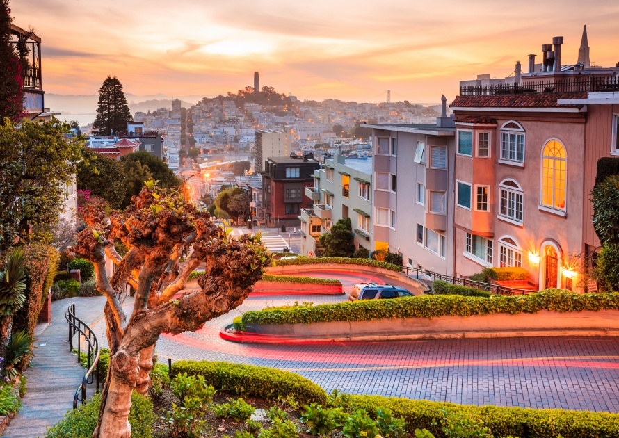 Lombard Street - Famous Lombard Street in San Francisco at sunrise