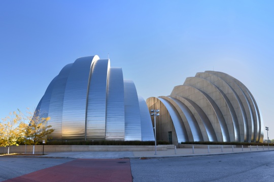 KANSAS CITY, MO - OCTOBER 11: Kauffman Center for the Performing Arts building in Kansas City, Missouri. Building designed by Architect Moshe Safdie and completed in 2011 as an example of Structural Expressionism also known as High Tech Modernism.