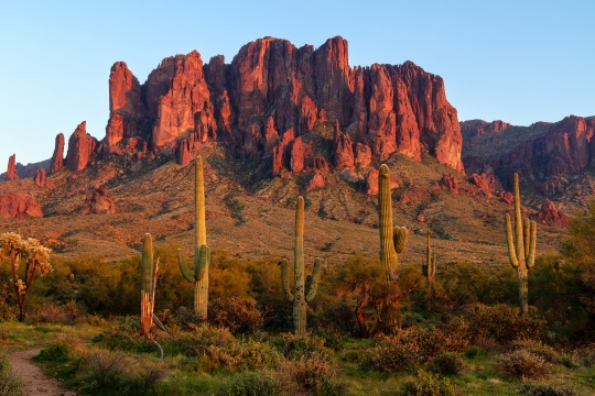 Superstition Mountains and Sonoran Desert landscape at sunset in Lost Dutchman State Park, Arizona