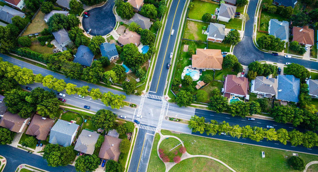 Aerial shot of suburban neighborhood